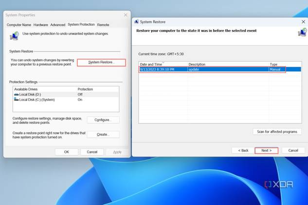 A screenshot detailing all the steps to use System Restore in Windows 11