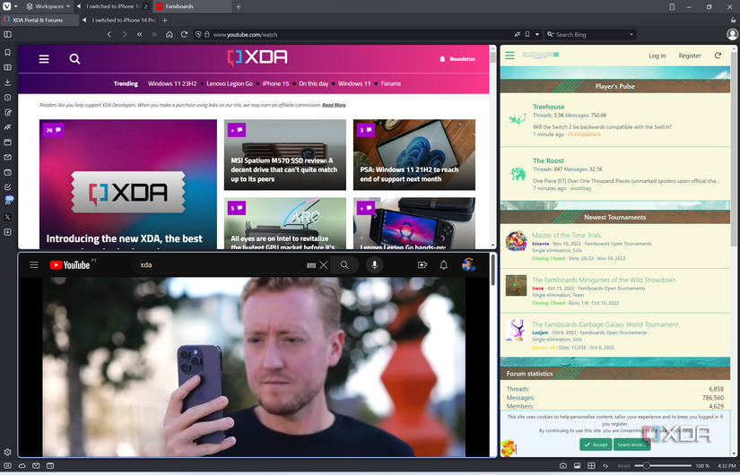 Screenshot of Vivaldi browser displaying three tabs tiled next to each other. Two of the tabs are contained in a tab stack at the top of the browser window