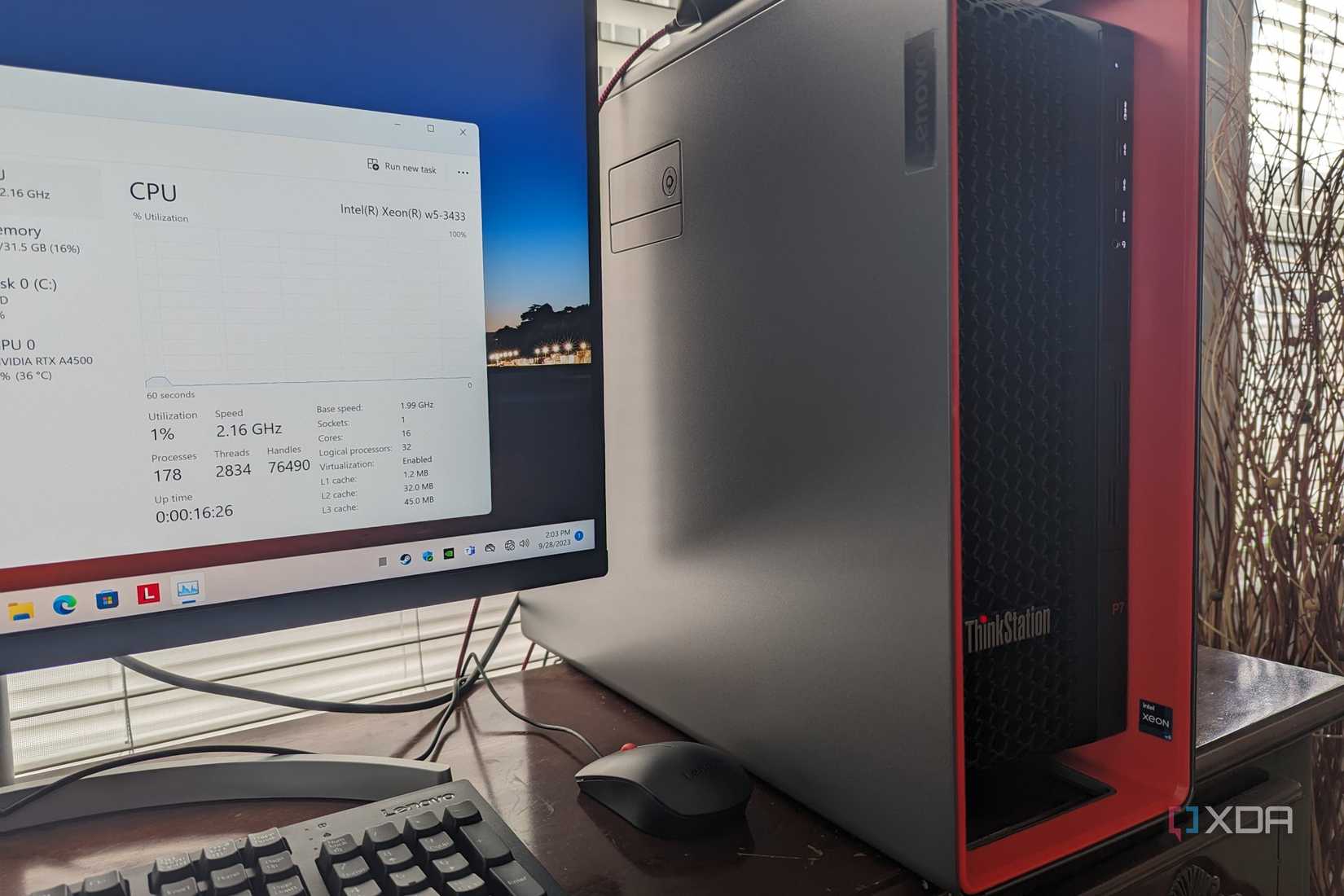 The ThinkStation P7 sitting on a desk with the Task Manager open showing the CPU