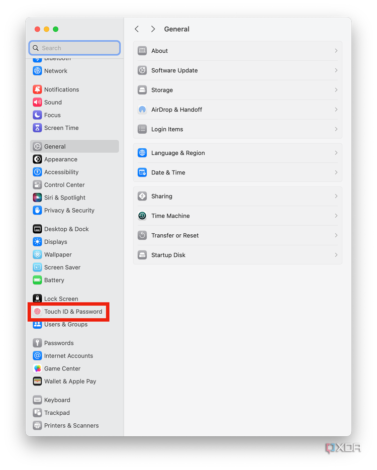 The Touch ID and Password tab of macOS Sonoma.