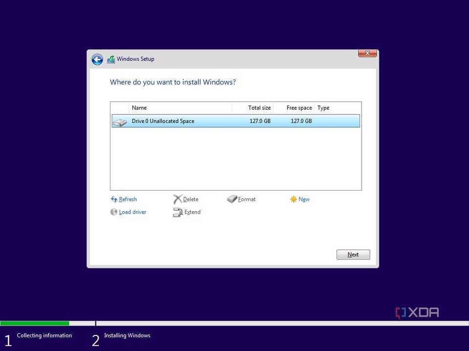 Screenshot of Windows 11 setup showing a list of drives. Only one drive is installed and all space on it is unallocated