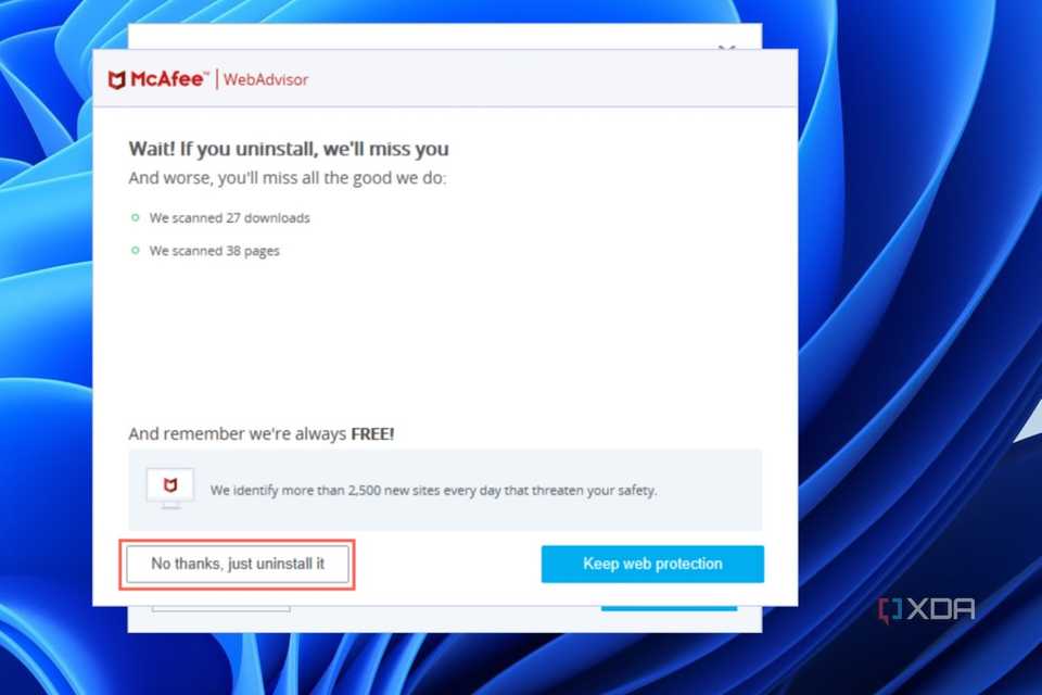 A screenshot depicting the procedure to uninstall WebAdvisor by McAfee.
