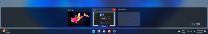 Screenshot of virtual desktops on Windows 11 with the remove button highlighted for one of the desktops