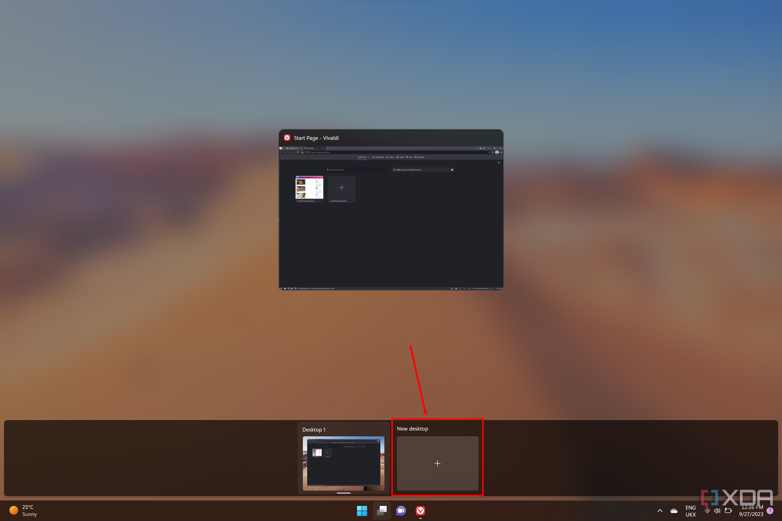Screenshot of Task View in Windows 1 with the New Desktop button highlighted