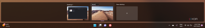Screenshot of virtual desktops in Task view with a new name being entered for the second desktop on the list