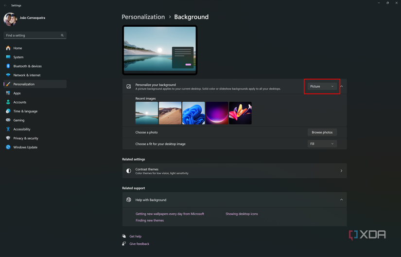 Screenshot of background personalization settings with the background set to a static picture