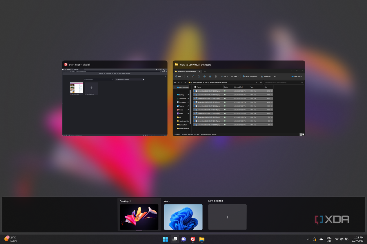 Screenshot of Task view in Windows 11 showing two virtual desktops and some open apps