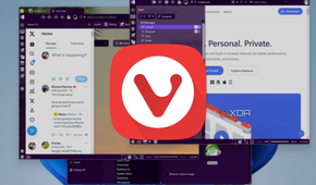 Screenshot of multiple Vivaldi windows open with a Vivaldi logo overlaid on top of it