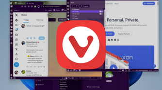 Screenshot of multiple Vivaldi windows open with a Vivaldi logo overlaid on top of it