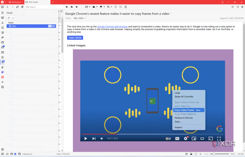 Screenshot of an XDA article in Vivaldi's RSS feed reader