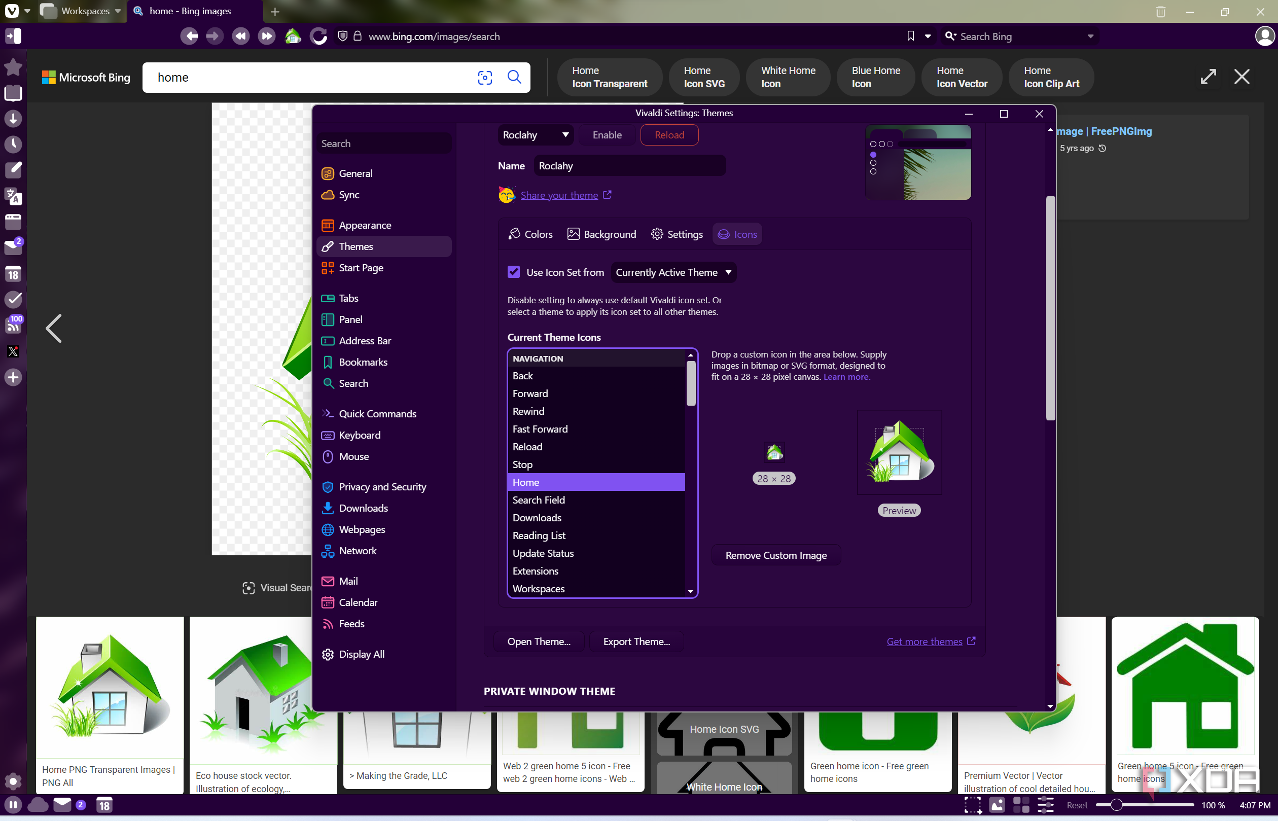 Screenshot of Vivaldi settings showing a custom icon used for the Home button. The browser also has a custom theme applied.
