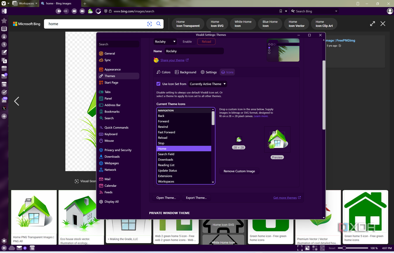 Screenshot of Vivaldi settings showing a custom icon used for the Home button. The browser also has a custom theme applied.