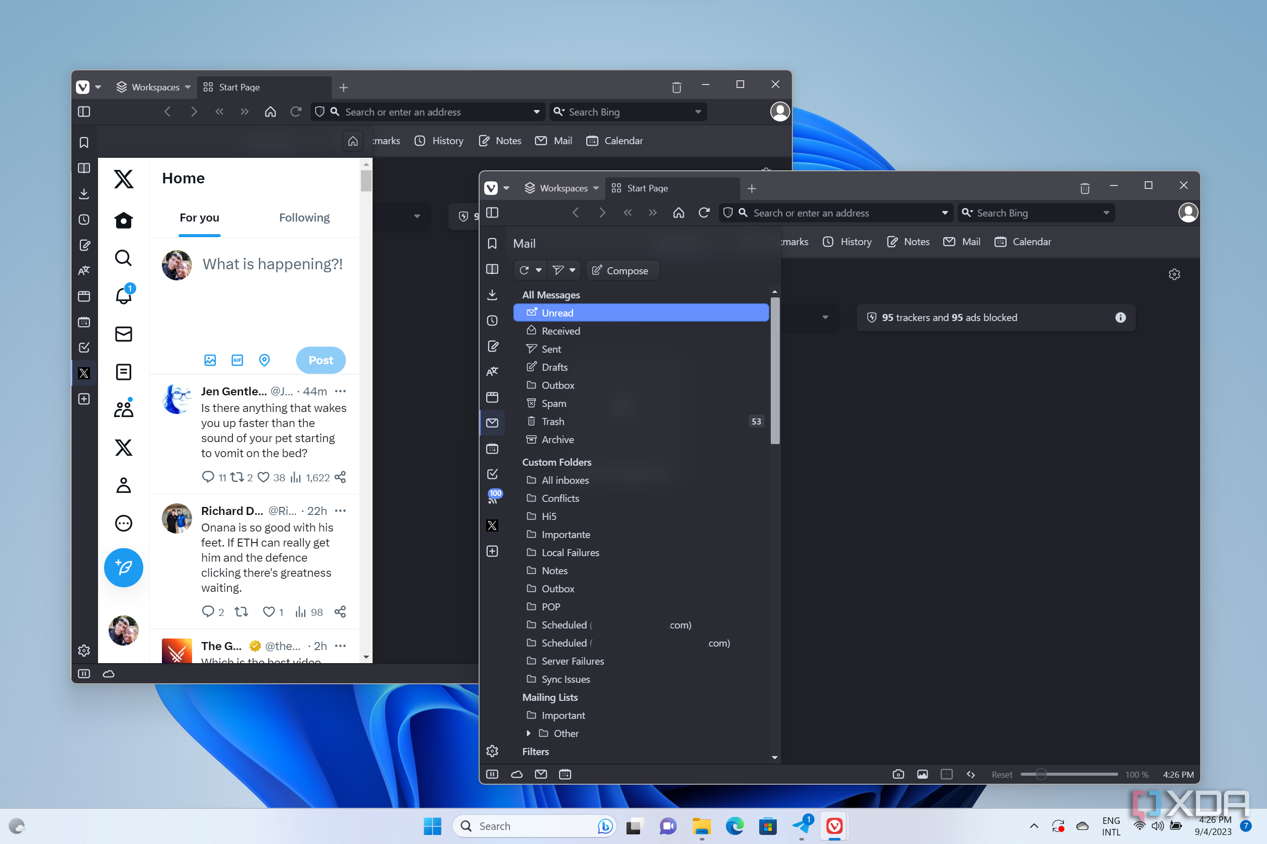 Screenshot of two Vivaldi windows with the sidebar open showing X and the email client overview