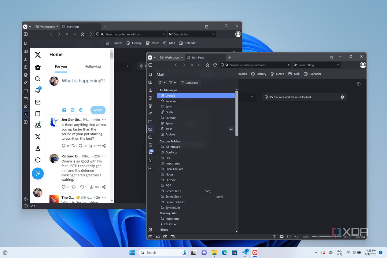 Screenshot of two Vivaldi windows with the sidebar open showing X and the email client overview