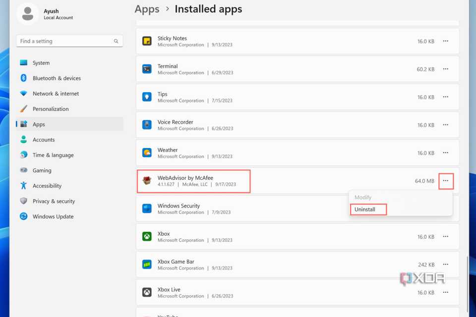 Click on the three dots adjacent to WebAdvisor by McAfee and choose Uninstall.