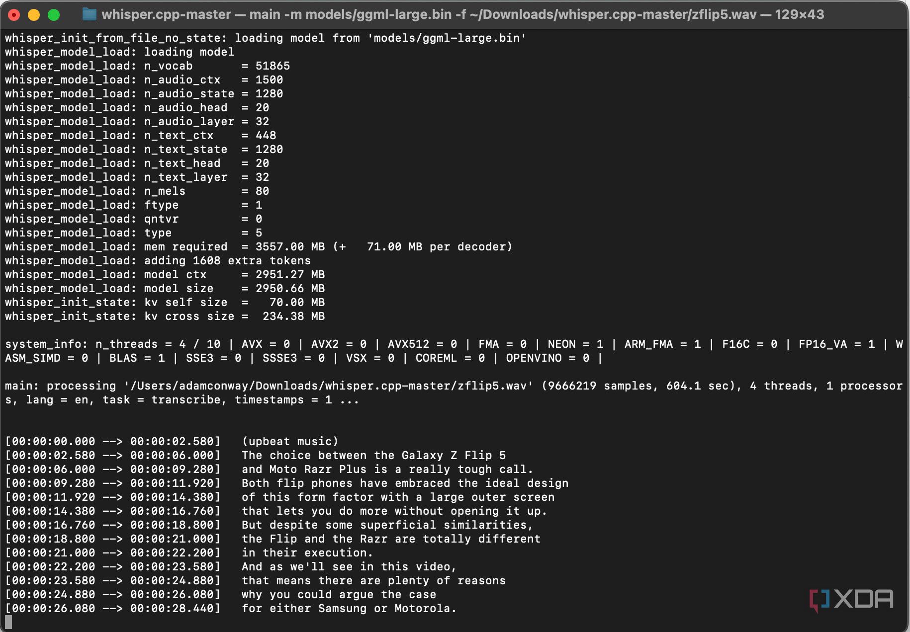 OpenAI Whisper transcribing a video from the XDA-Developers YouTube channel