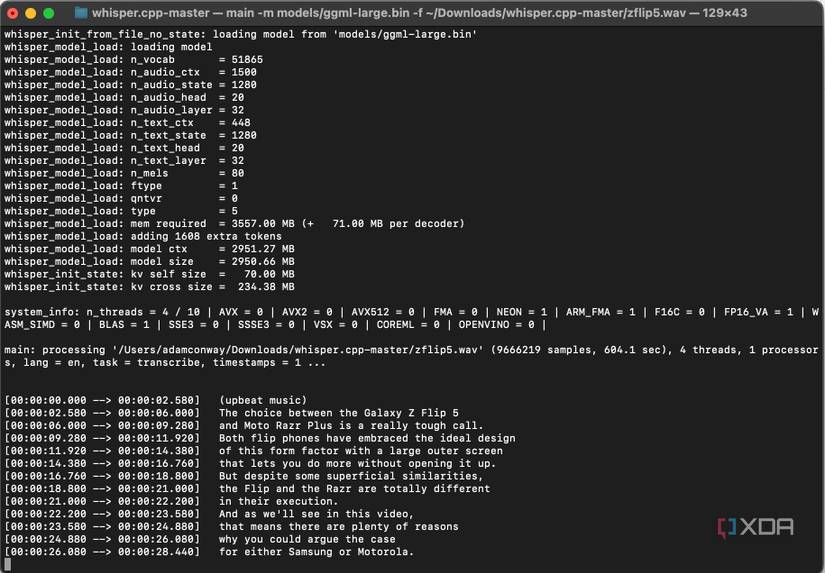 OpenAI Whisper transcribing a video from the XDA-Developers YouTube channel
