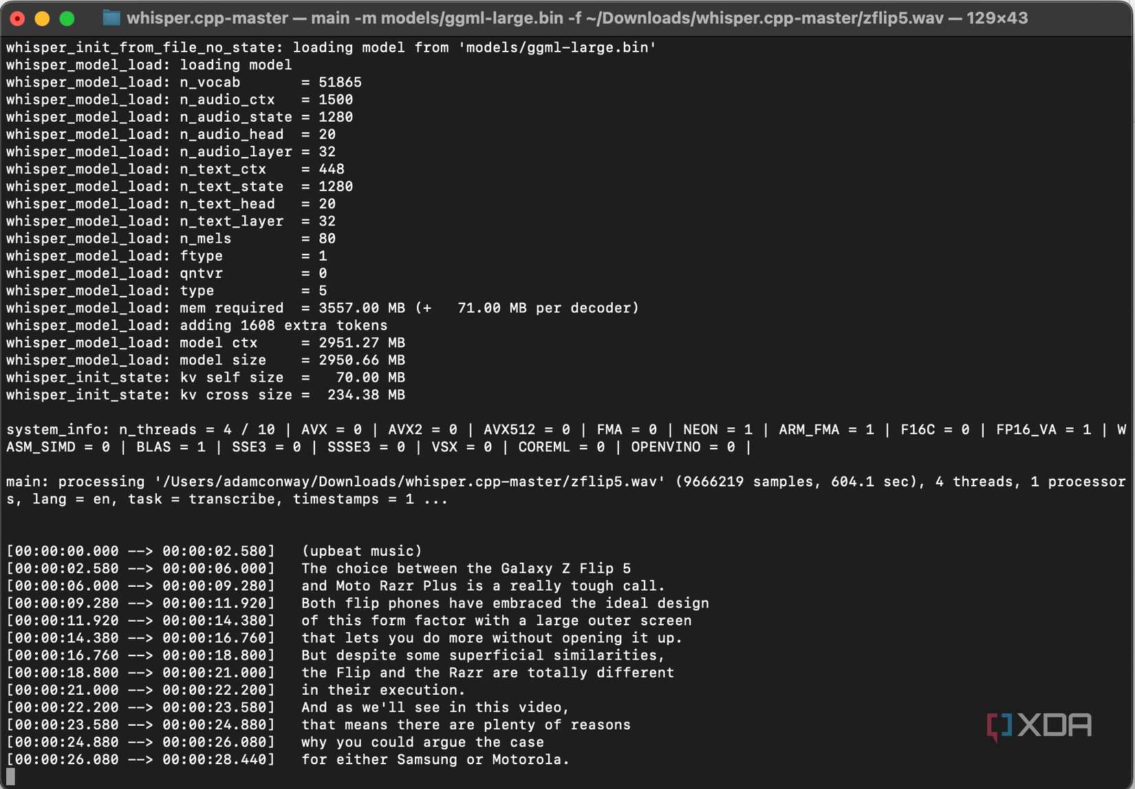 OpenAI Whisper transcribing a video from the XDA-Developers YouTube channel