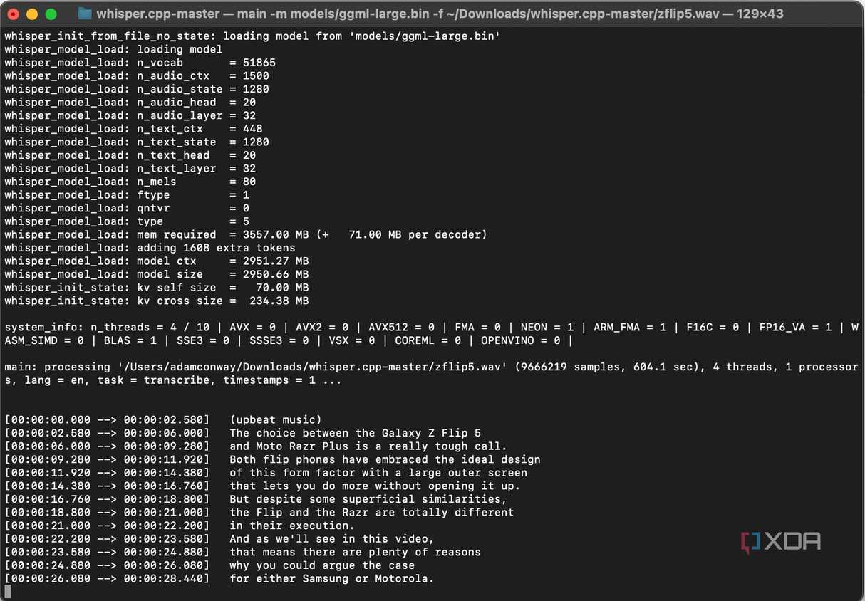 OpenAI Whisper transcribing a video from the XDA-Developers YouTube channel