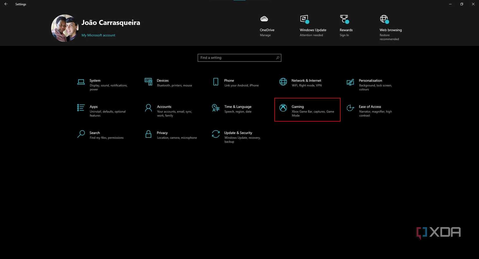 Screenshot of the Windows 10 Settings app with the Gaming section highlighted