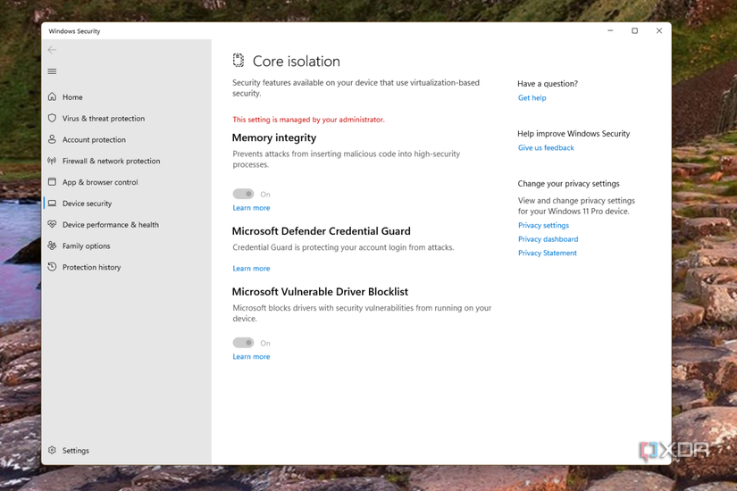 Windows Security dashboard core isolation secure boot virtualization