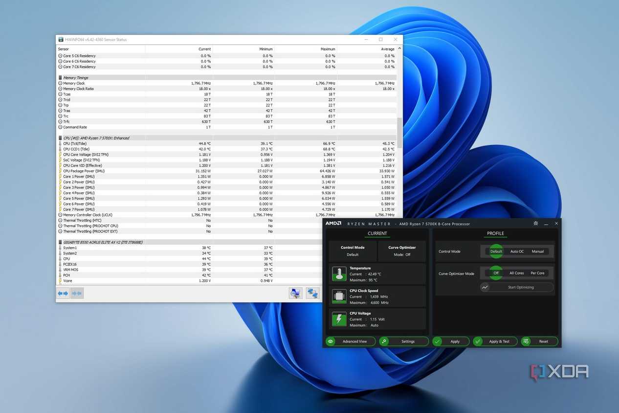 Windows 11 desktop showing HWiNFO64 and Ryzen Master windows