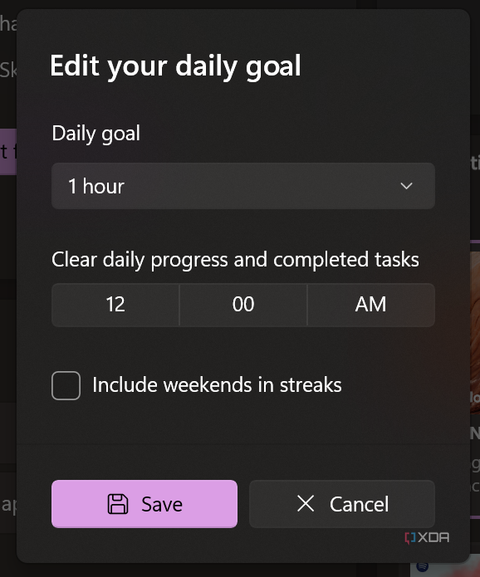 Screenshot of daily goal target settings in Focus sessions page