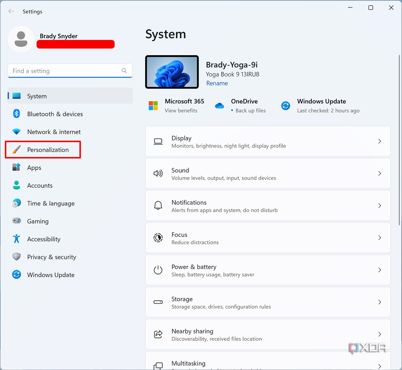 The Personalization tab in the Settings app on Windows 11.
