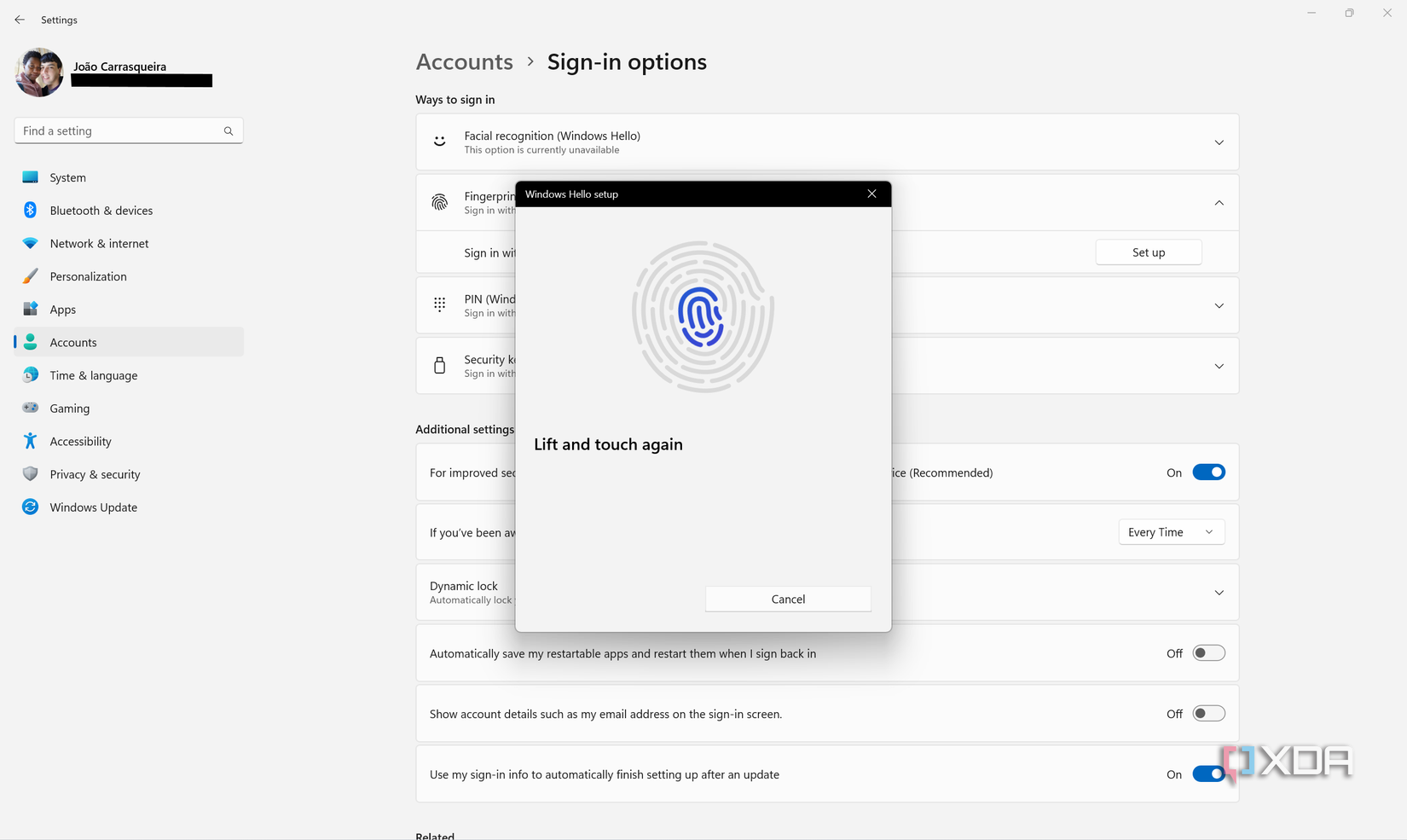 Screenshot of Windows 11 set up instructions for a fingerprint