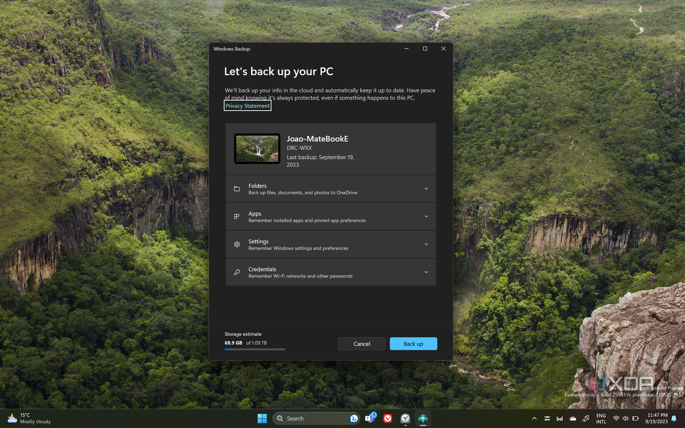 Screenshot of the Windows Backup app on Windows 11