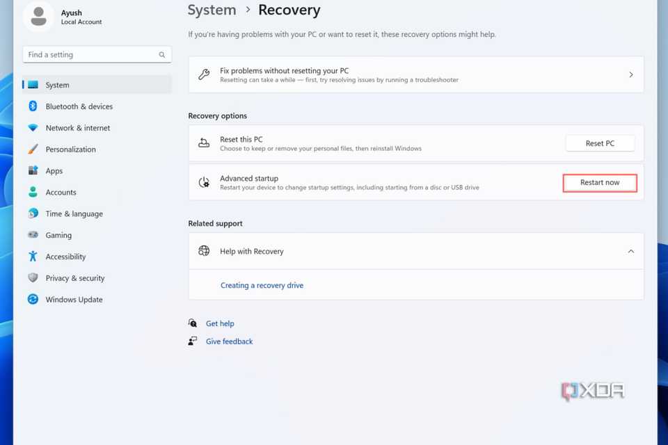 Click Restart now to enter Windows Recovery Environment.