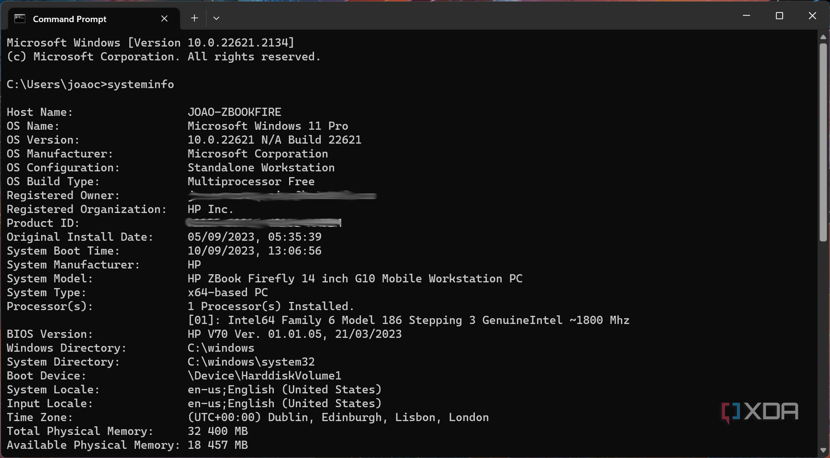 Screenshot of Command prompt within Terminal showing the output for a systeminfo command
