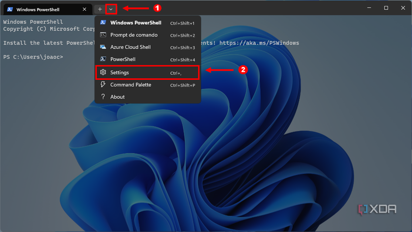 Screenshot of Windows Terminal with the dropdown menu open and the Settings option highlighted
