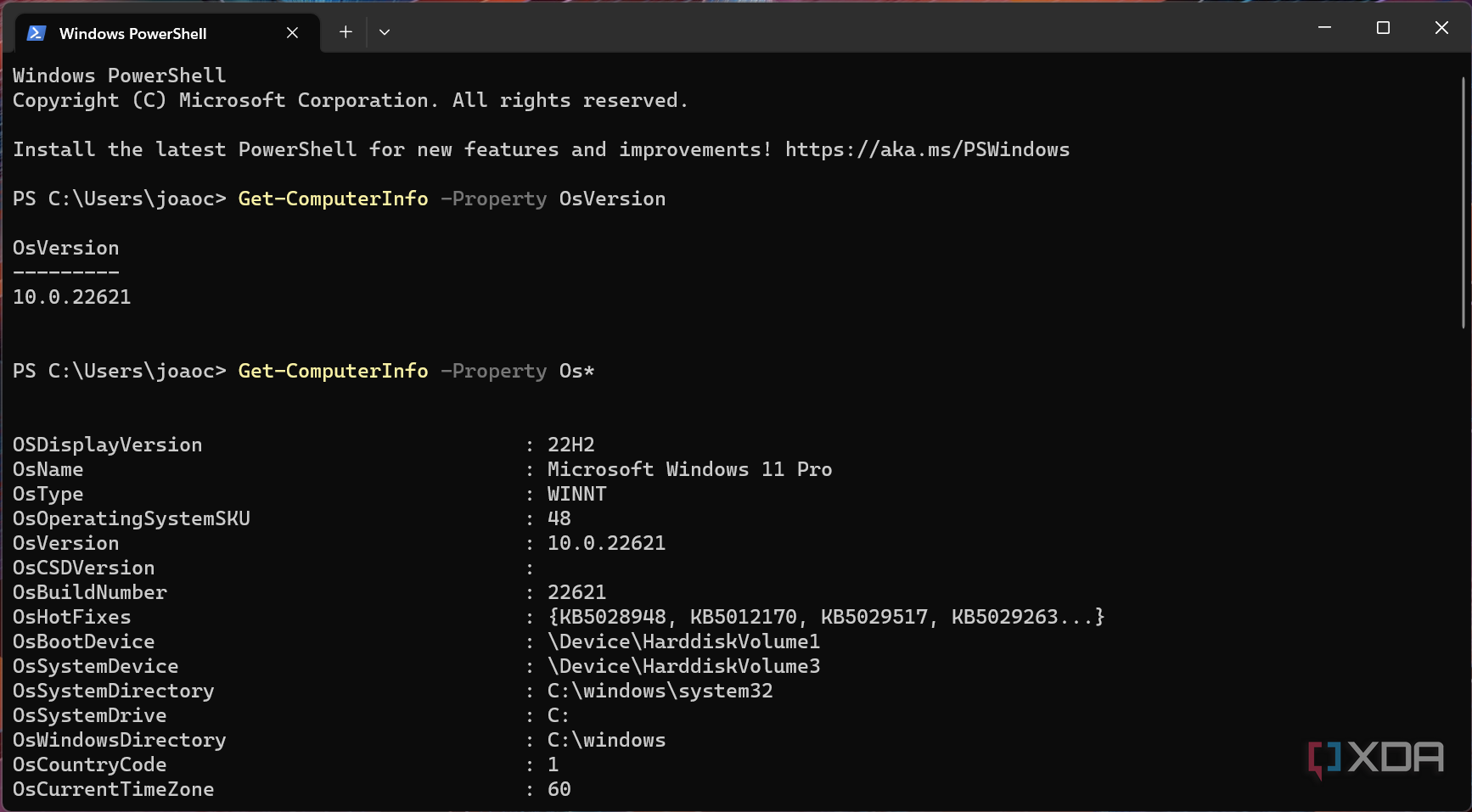 Screenshot of Windows PowerShell in Terminal showing the result of a Get-ComputerInfo Property command with a wildcard