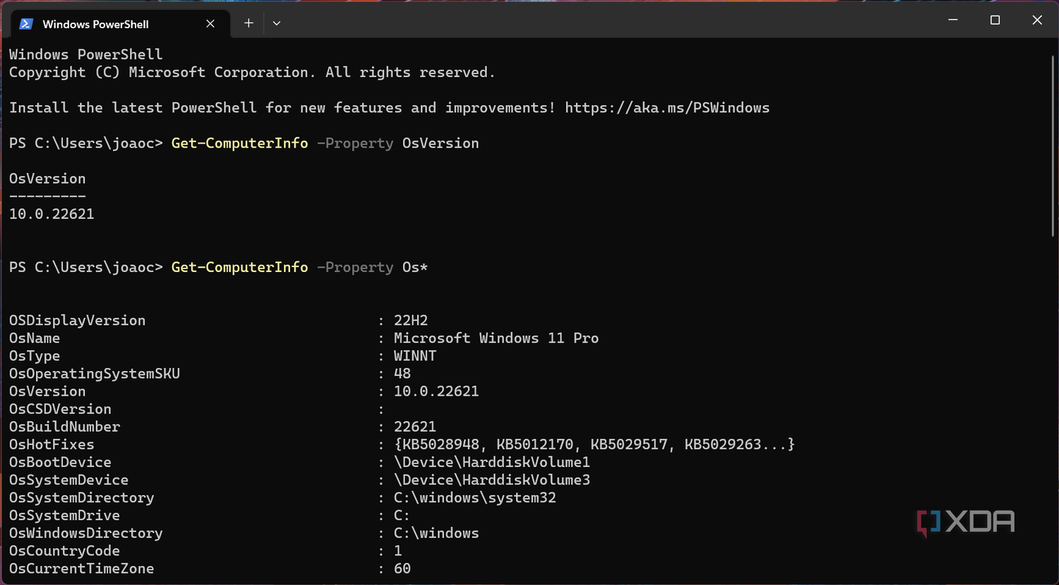 Screenshot of Windows PowerShell in Terminal showing the result of a Get-ComputerInfo Property command with a wildcard