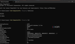 Screenshot of Windows PowerShell in Terminal showing the result of a Get-ComputerInfo Property command with a wildcard