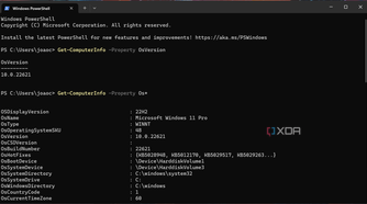 Screenshot of Windows PowerShell in Terminal showing the result of a Get-ComputerInfo Property command with a wildcard