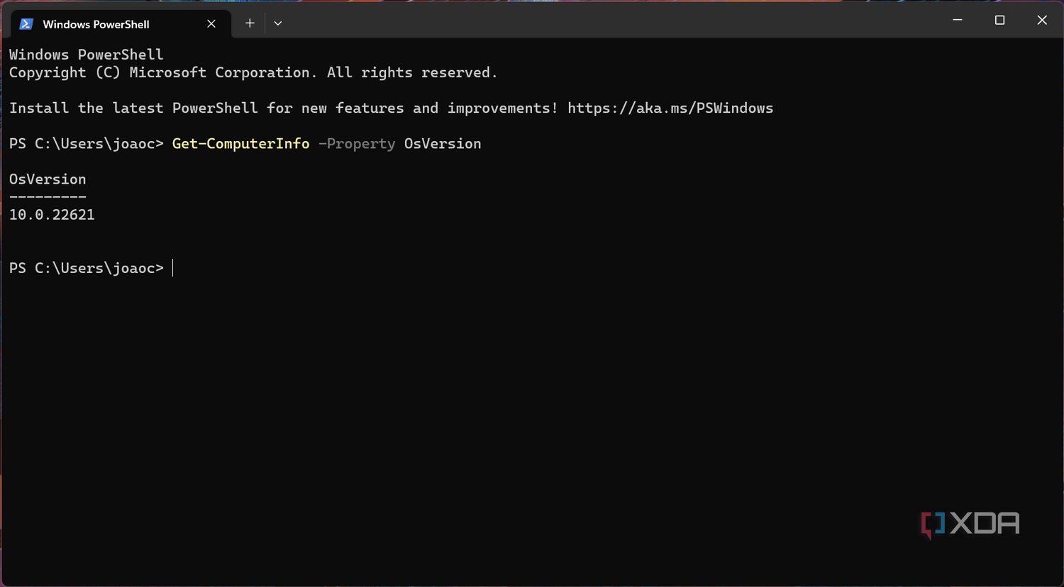 Screenshot of Windows PowerShell in Terminal showing the result of a Get-ComputerInfo Property command