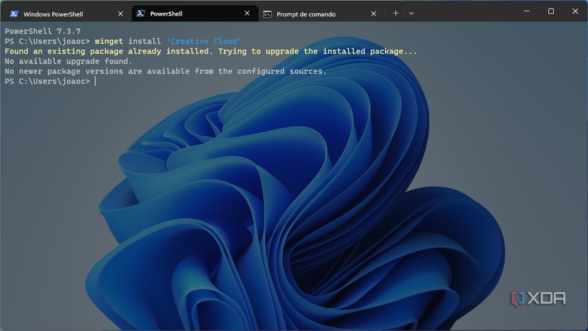 Screenshot of Windows Terminal with three tabs open, including Windows PowerShell, standalone PowerShell, and Command Prompt