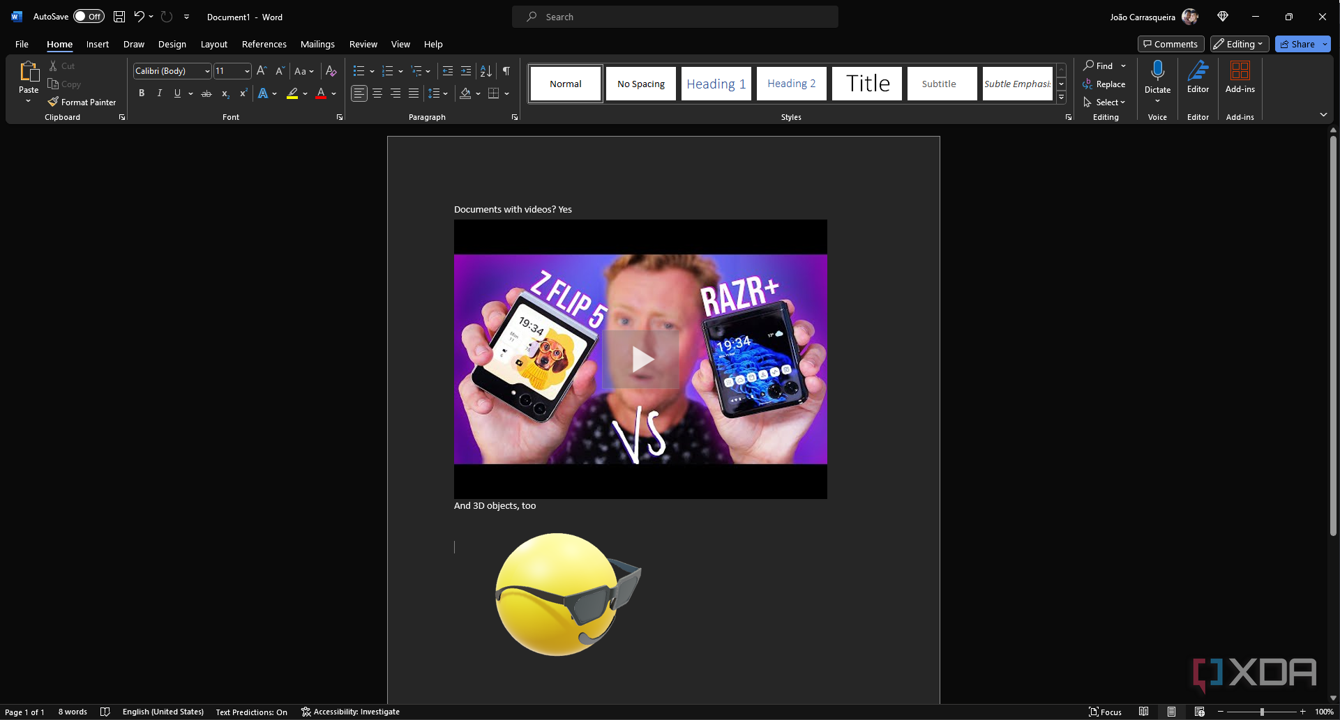 Screenshot of Microsoft Word with an embedded YouTube video and a 3D model of an emoji.