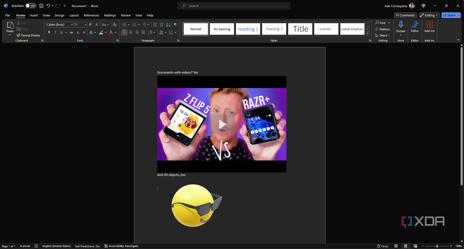Screenshot of Microsoft Word with an embedded YouTube video and a 3D model of an emoji.