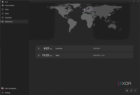 Screenshot of the World Clock page in the Windows 11 Clock app