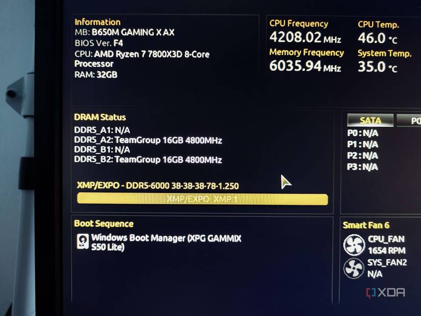 An image showing the highlighted XMP/EXPO profiles on BIOS being displayed on a monitor.