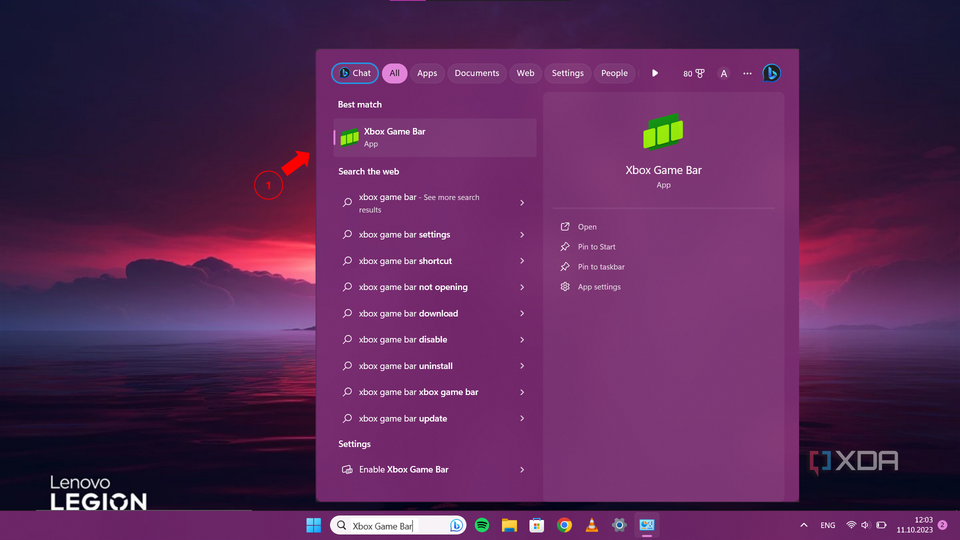 Search bar on a windows 11 desktop with a wallpaper that reads Lenovo Legion