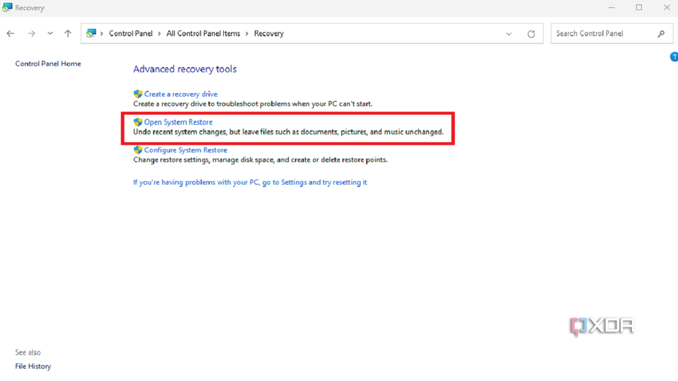 A screenshot showing advanced recovery tools in Windows.