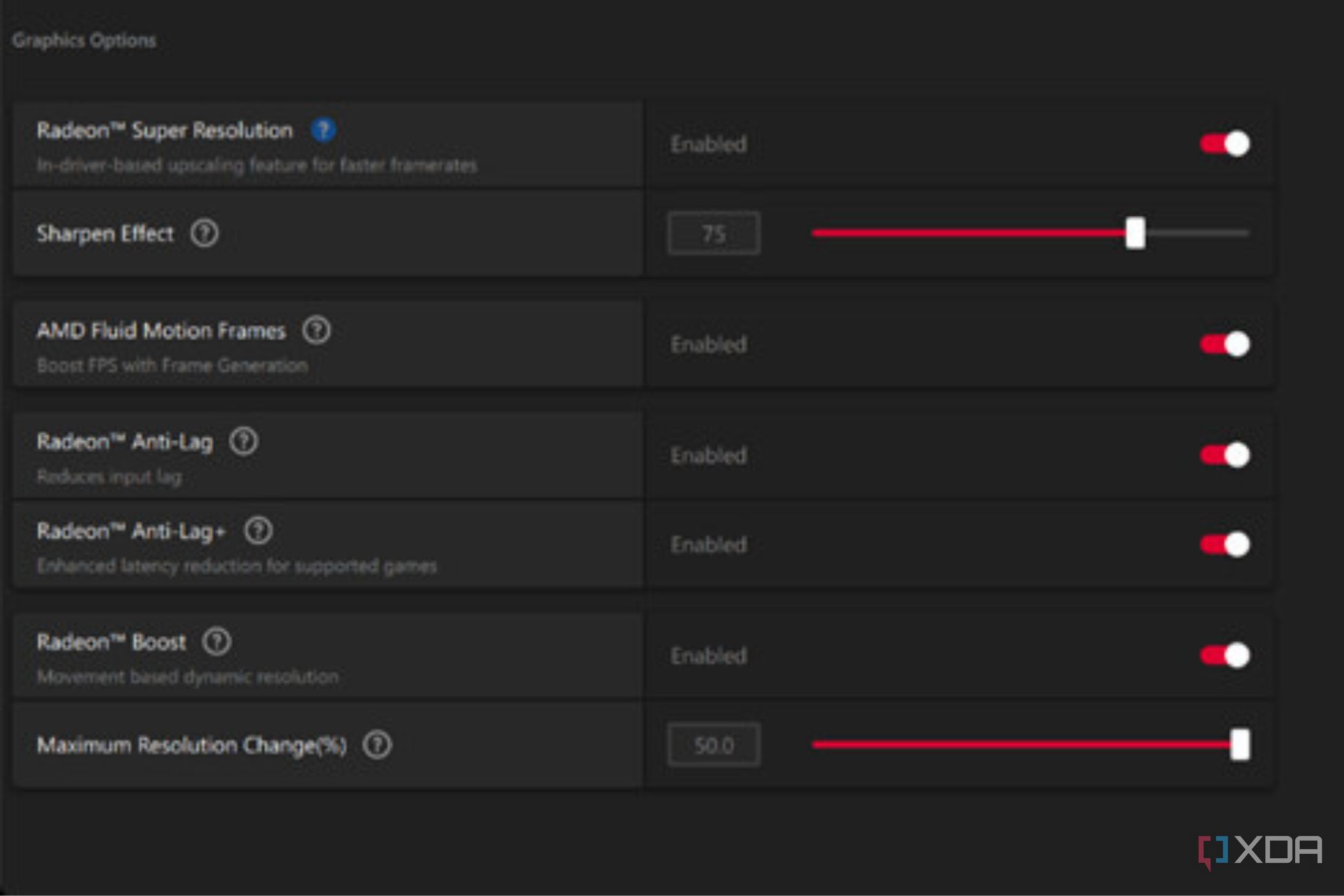 A screenshot showing AMD Fluid Motion Frames toggle in Adrenalin software.