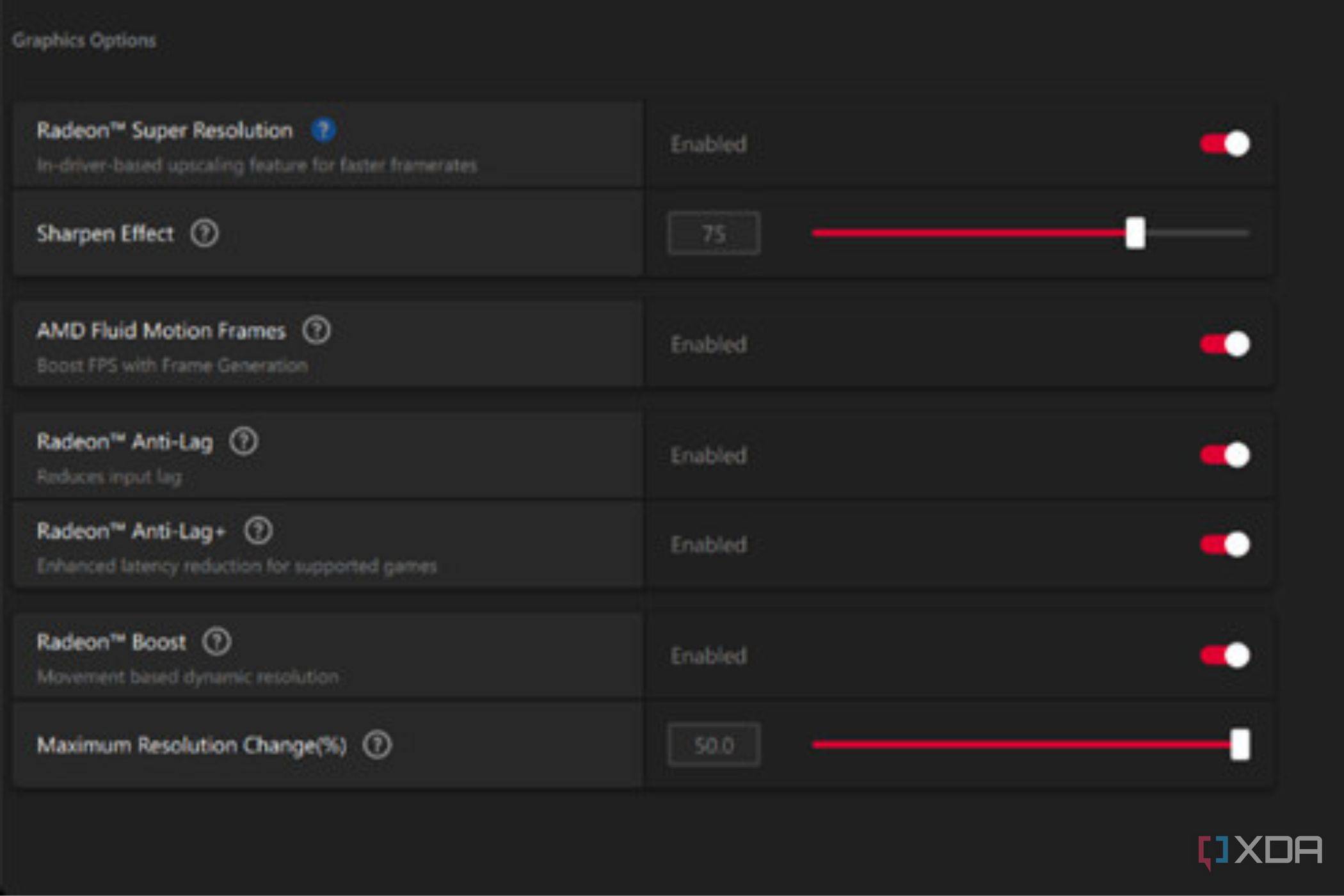 A screenshot showing AMD Fluid Motion Frames toggle in Adrenalin software.