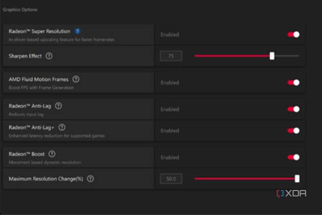 A screenshot showing AMD Fluid Motion Frames toggle in Adrenalin software.
