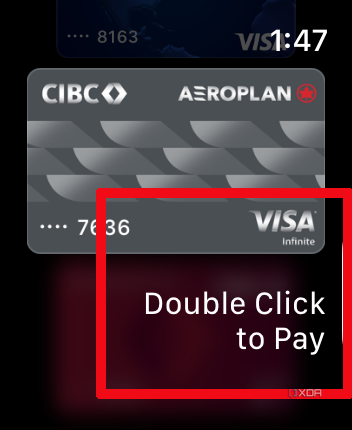 Apple Wallet app on Apple Watch with double click to pay selected.