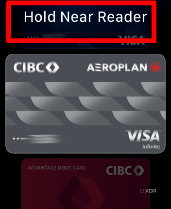 Apple Wallet app on Apple Watch with Hold Near Reader highlighted.